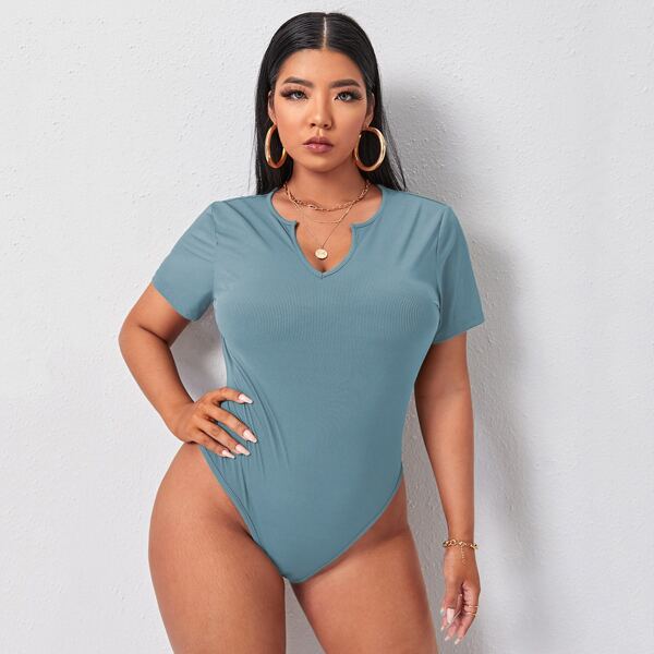 

Plus Notch Neck Rib-knit Bodysuit, Dusty blue