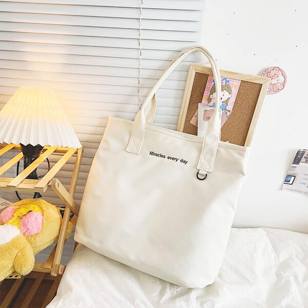 

Letter Embroidered Large Capacity Tote Bag, White