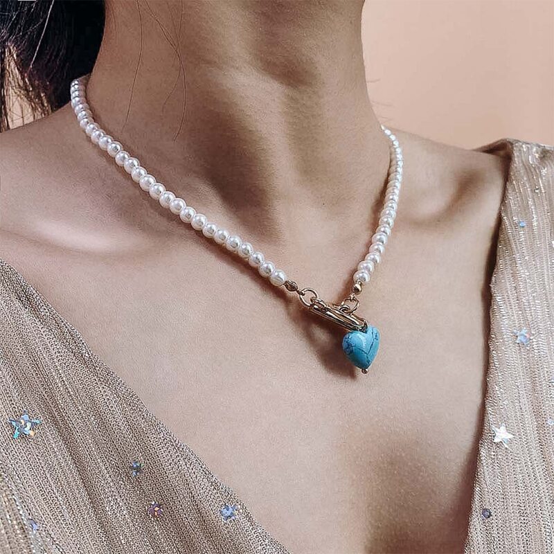 

Heart Faux Pearl Beaded Pendant Necklace, Blue