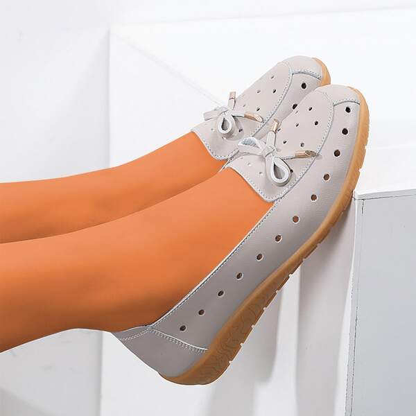 

Bow Decor Hollow Out Leather Flats, Light grey