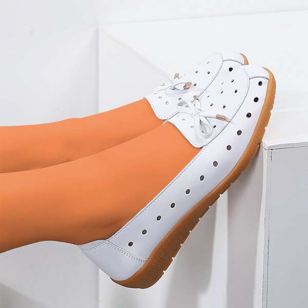 

Bow Decor Hollow Out Leather Flats, White