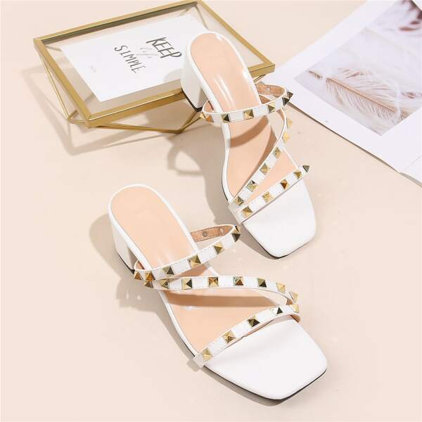

Studded Decor Chunky Heeled Mules, White
