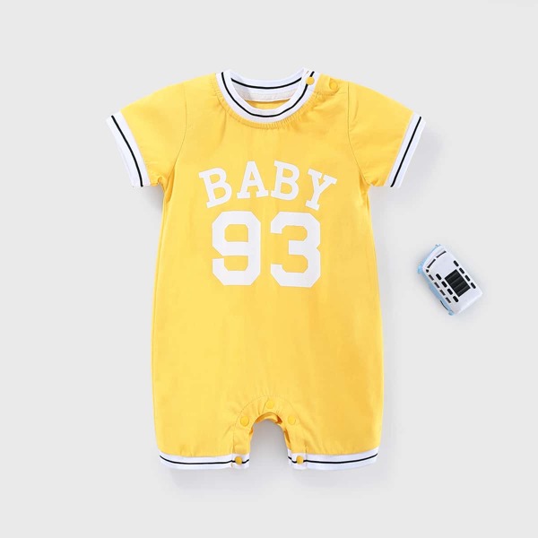 

Striped Trim Letter Graphic Romper, Yellow