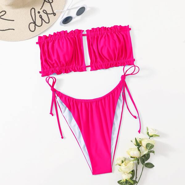 

Plus Ruched Frill Bandeau Tie Side Bikini Swimsuit, Hot pink