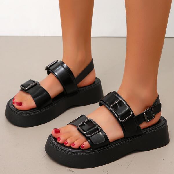

Minimalist Buckle Decor Slingback Wedge Sandals, Black