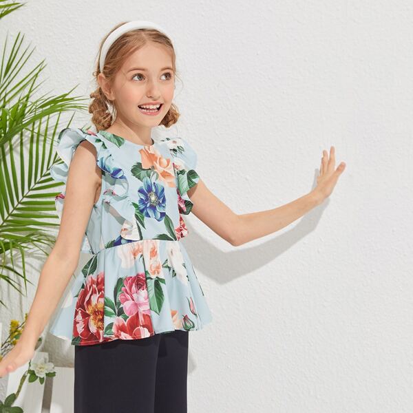 

Girls Ruffle Trim Floral Peplum Top, Multicolor