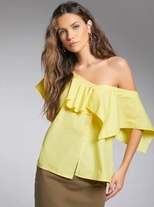 SHEIN Camisa De Cuello Asimétrico Con Volantes - Amarillo - Ver 3