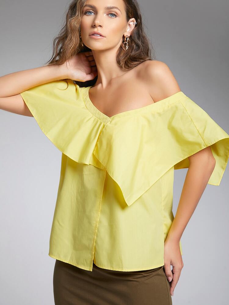 SHEIN Asymmetrical Neck Ruffle Trim Top - Yellow - View 5