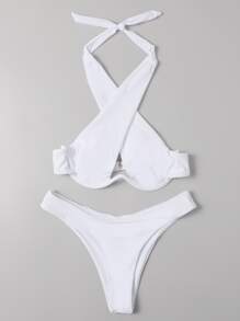 Cross Halter Underwire Bikini Set, For Summer Beach Vacation - White - View 3