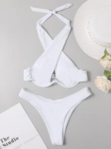 Cross Halter Underwire Bikini Set, For Summer Beach Vacation - White - View 4