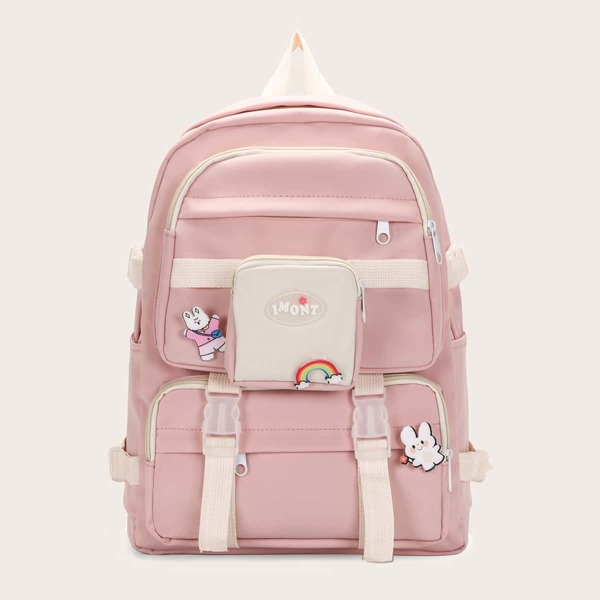 

Cartoon Decor Pocket Front Backpack, Pink