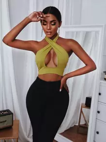 SHEIN Slayr Cut Out Front Crop Halter Top - Mustard Yellow - View 1