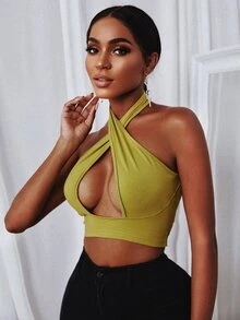 SHEIN Slayr Cut Out Front Crop Halter Top - Mustard Yellow - View 3