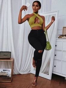 SHEIN Slayr Cut Out Front Crop Halter Top - Mustard Yellow - View 5