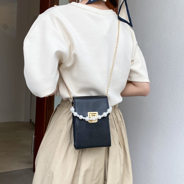 

Faux Pearl Handle Chain Satchel Bag, Black