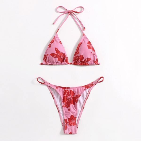 

Floral Random Print Halter Bikini Swimsuit, Multicolor