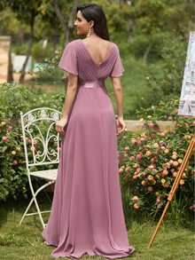 Elegant V-Neck Ruffle Butterfly Sleeve Pink Bridesmaid Dress, Suitable For Wedding Guests, Semi-Formal Occasions In Spring - Pink - View 3