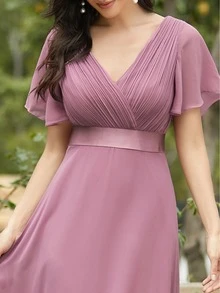 Elegant V-Neck Ruffle Butterfly Sleeve Pink Bridesmaid Dress, Suitable For Wedding Guests, Semi-Formal Occasions In Spring - Pink - View 4