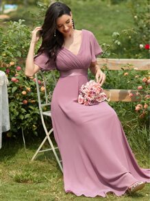 Elegant V-Neck Ruffle Butterfly Sleeve Pink Bridesmaid Dress, Suitable For Wedding Guests, Semi-Formal Occasions In Spring - Pink - View 5