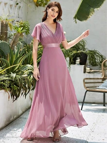 Elegant V-Neck Ruffle Butterfly Sleeve Pink Bridesmaid Dress, Suitable For Wedding Guests, Semi-Formal Occasions In Spring - Pink - View 7