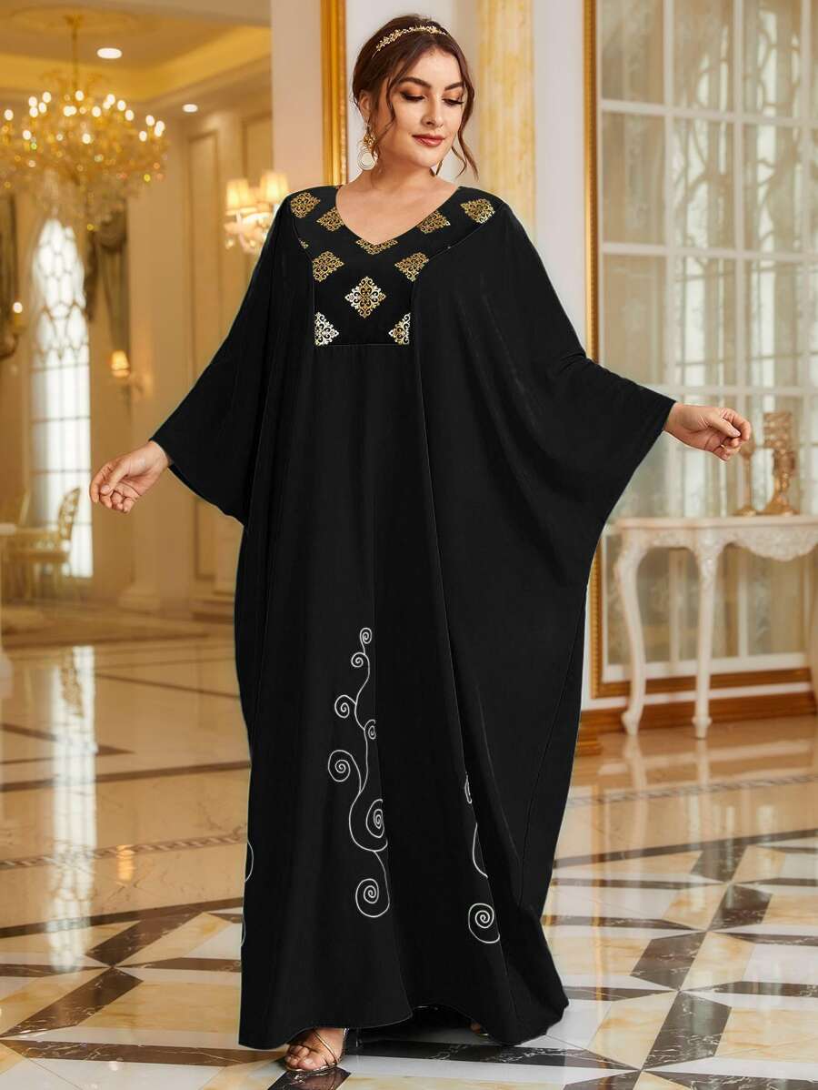 Modelyn Plus Gilding Print Batwing Sleeve Kaftan Dress - Black - View 1
