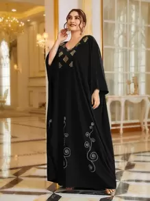 Modelyn Plus Gilding Print Batwing Sleeve Kaftan Dress - Black - View 3