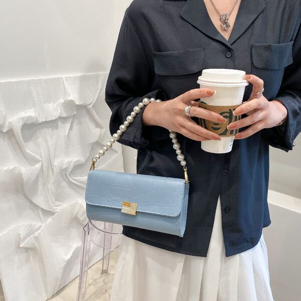 

Croc Embossed Faux Pearl Strap Shoulder Bag, Blue
