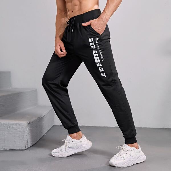 

Men Letter Graphic Drawstring Waist Sport Pants, Black