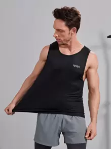 Manfinity Fitness 男友风 男士 字母图案 运动背心 健身上衣 背心套装 - 黑色 - 查看 1