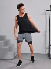 Manfinity Fitness 男友风 男士 字母图案 运动背心 健身上衣 背心套装 - 黑色 - 查看 3