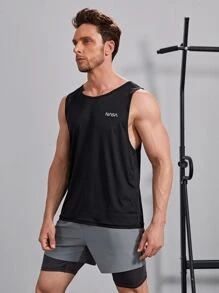 Manfinity Fitness 男友风 男士 字母图案 运动背心 健身上衣 背心套装 - 黑色 - 查看 5