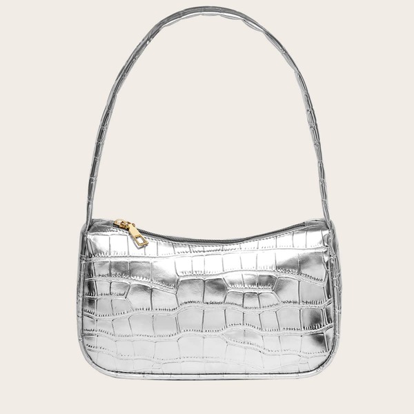 

Metallic Croc Embossed Baguette Bag, Silver