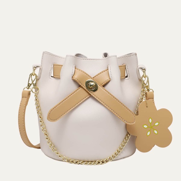 

Twist Lock Bucket Bag With Crossbody Bag, Beige