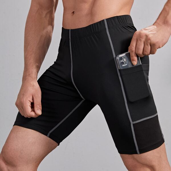 

Men Contrast Topstitching Sports Shorts & Phone Pocket, Black