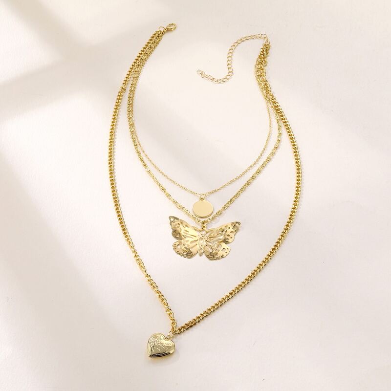 Butterfly & Heart Layered Necklace, Gold