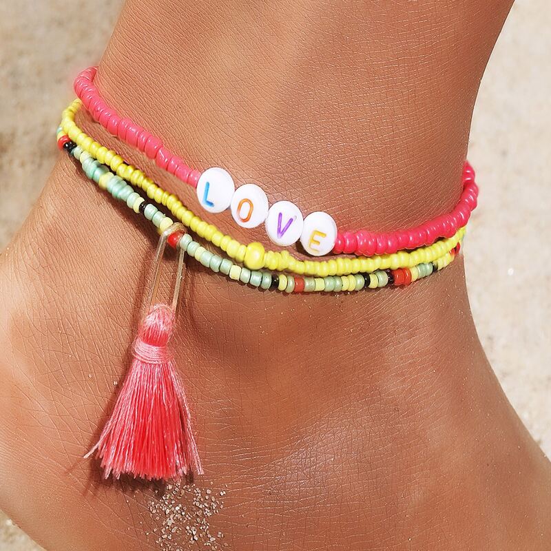 

3pcs Letter Beaded Anklet, Multicolor