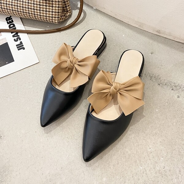 

Bow Decor Point Toe Mules, Black