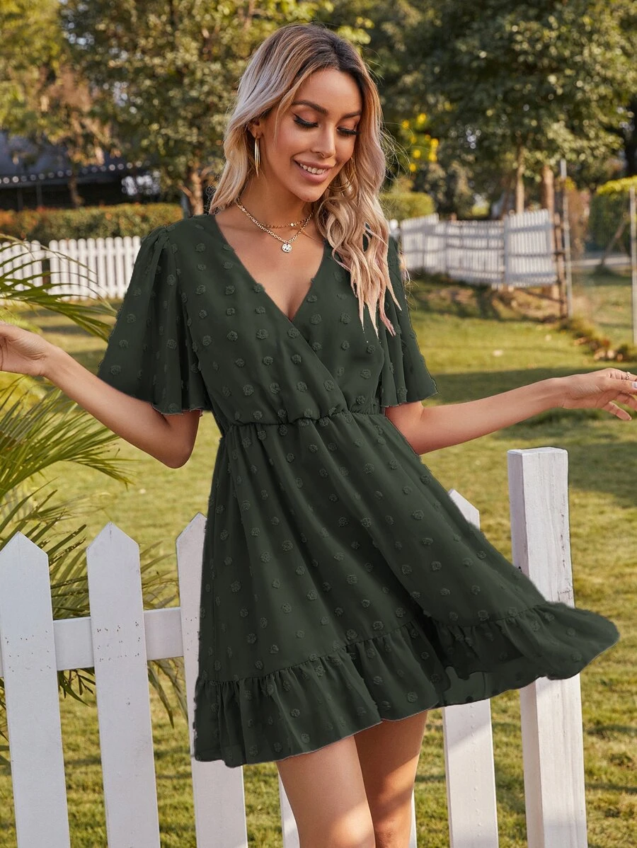 Dress Ruffle Plain Boho - Hijau Tentara - View 1