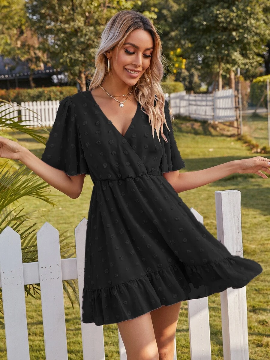Dress Ruffle Plain Boho - Hitam - View 1