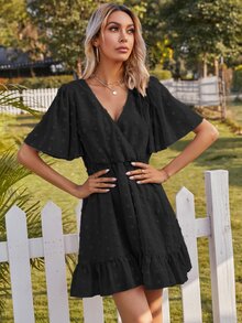 Dress Ruffle Plain Boho - Hitam - View 4