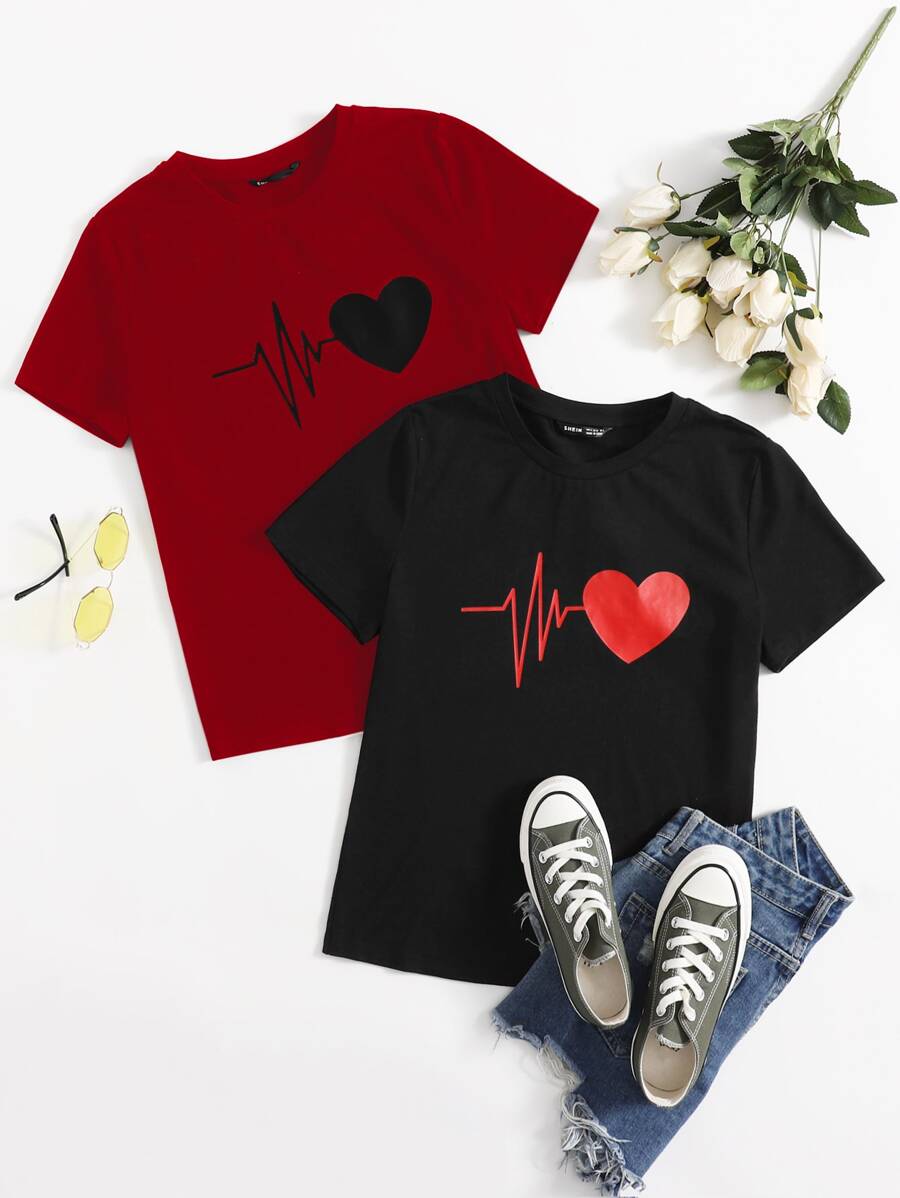 SHEIN LUNE 1pc Heart Print Top - Red - View 1