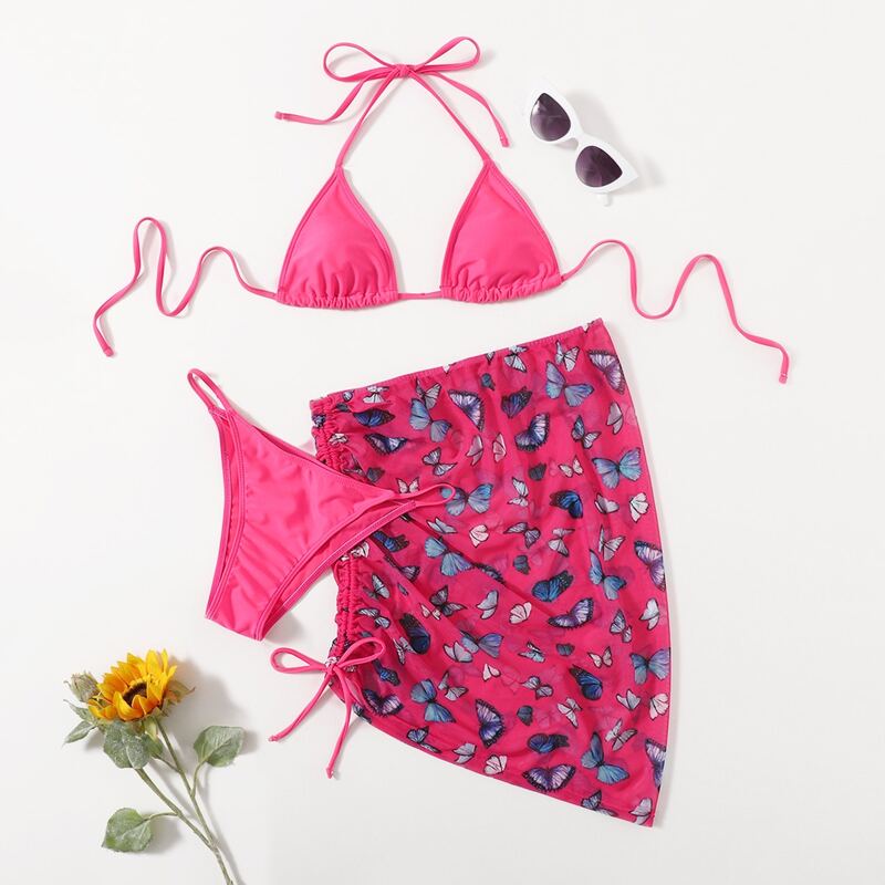 

3pack Butterfly Bikini Swimsuit With Beach Skirt, Hot pink