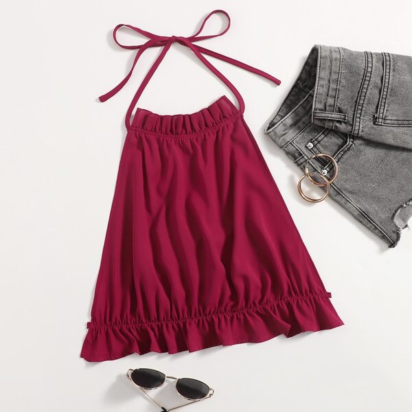 

Plus Tie Back Ruffle Hem Halter Top, Burgundy