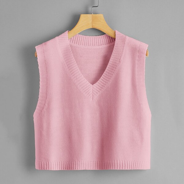 

Plus Solid V-Neck Sweater Vest, Baby pink