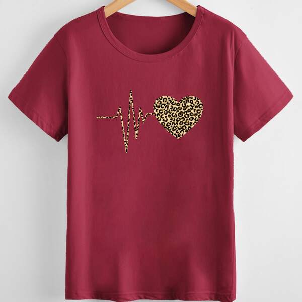 

Plus Leopard Heart Print Tee, Burgundy