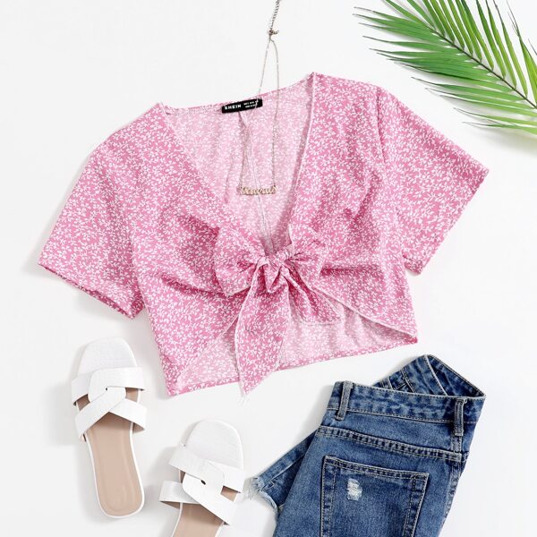 

Tie Front Ditsy Floral Top, Baby pink