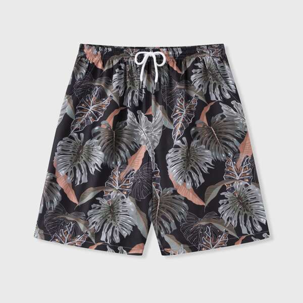 

Men Allover Leaf Print Drawstring Shorts, Multicolor