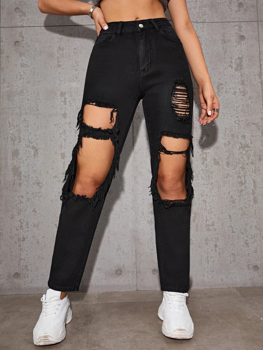 Distressed High-Rise Mom Jeans - Black - View 1