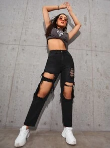 Distressed High-Rise Mom Jeans - Black - View 2