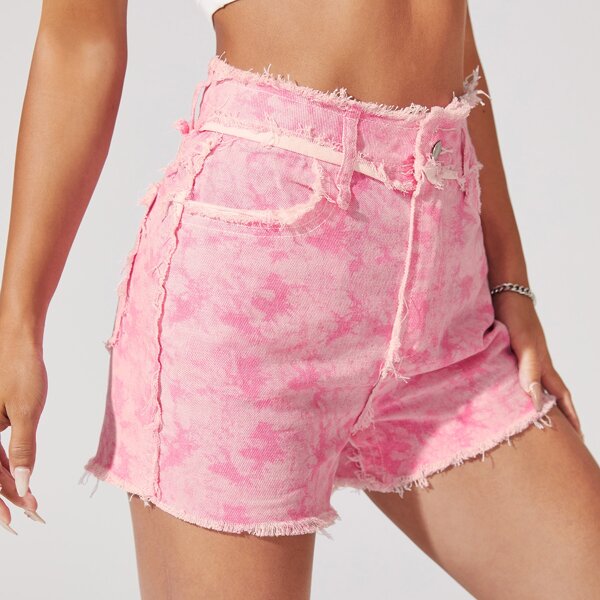 

Tie Dye Raw Hem Denim Shorts, Baby pink